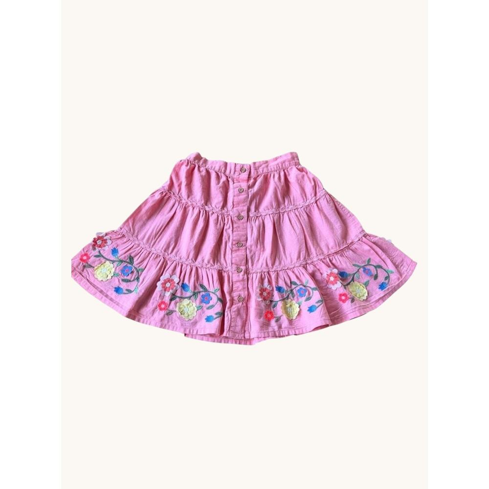 Mini Boden Girls Pink Embroidered Floral Tiered Skirt Size 7-8